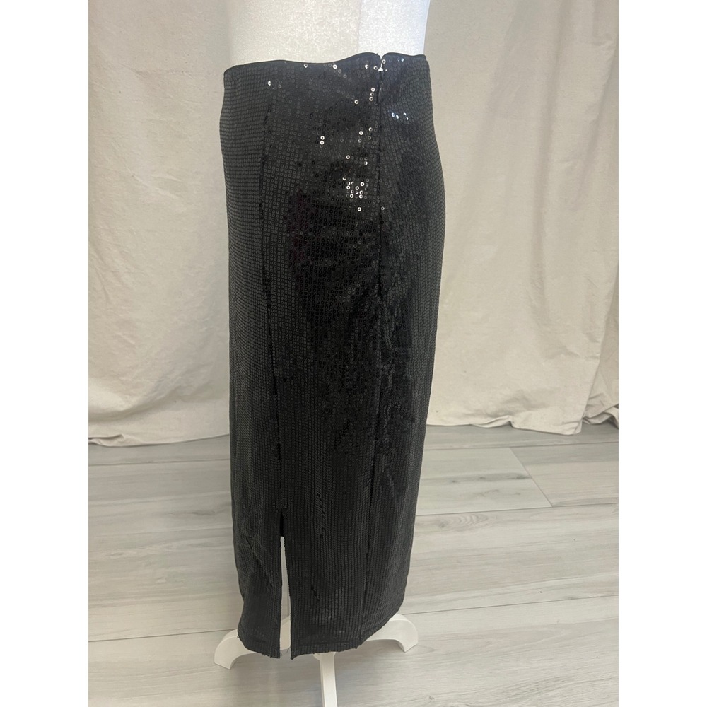 Time and Tru Sequin Midi Skirt Womens Black Sz L Side Slit Party Glam Holiday